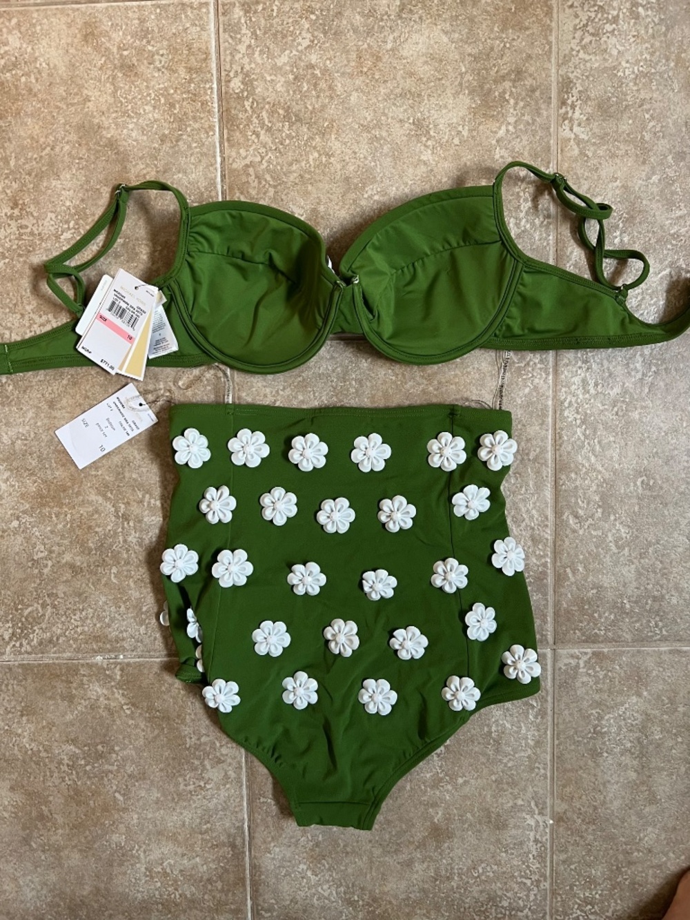 MICHAEL KORS 2 piece SWIMSUIT Retro pin-up green underwire bra set $771.00 sz10 - Picture 5 of 7